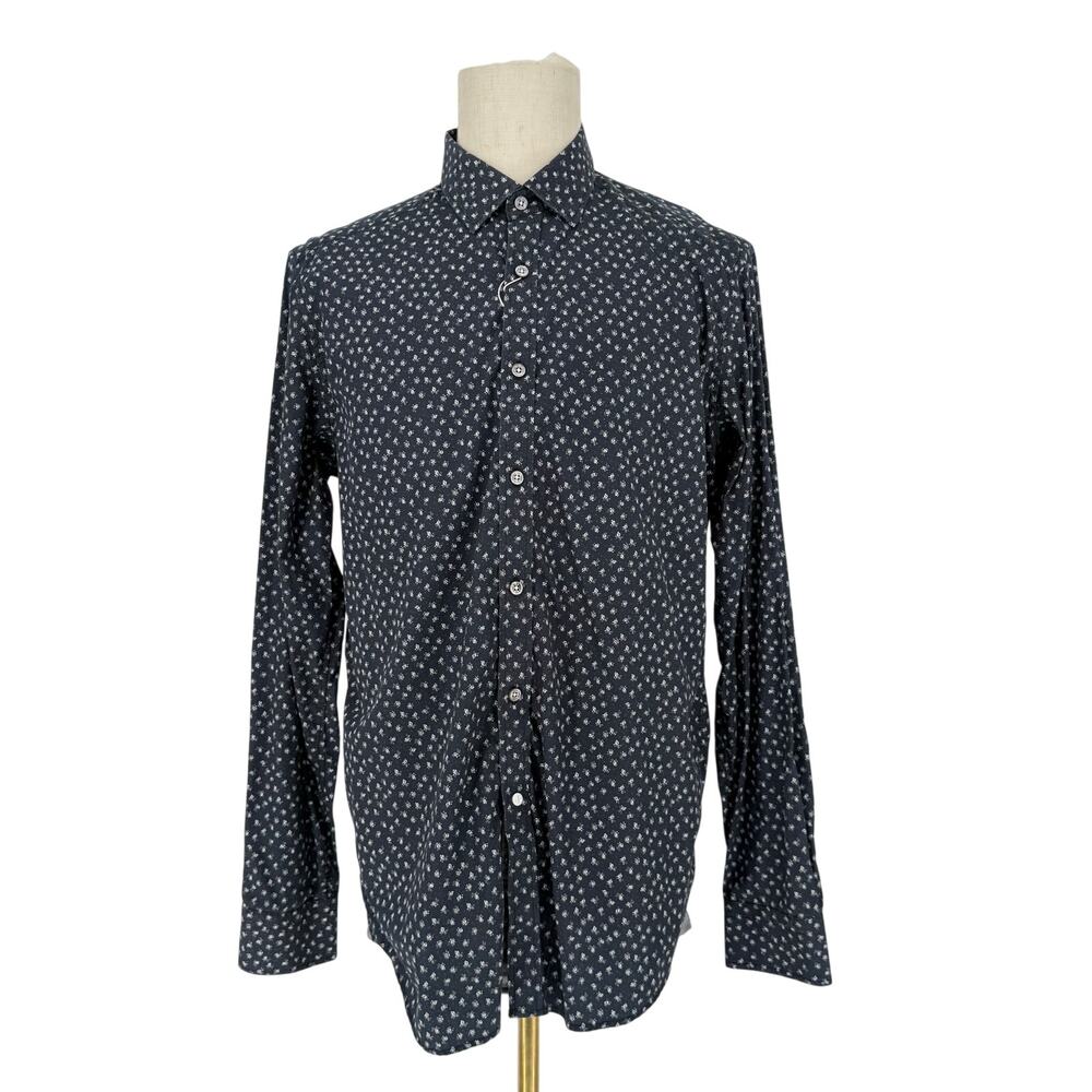 Robert Graham Woven Button Front Long Sleeve Shirt Navy Blue L (42 / 16.5)